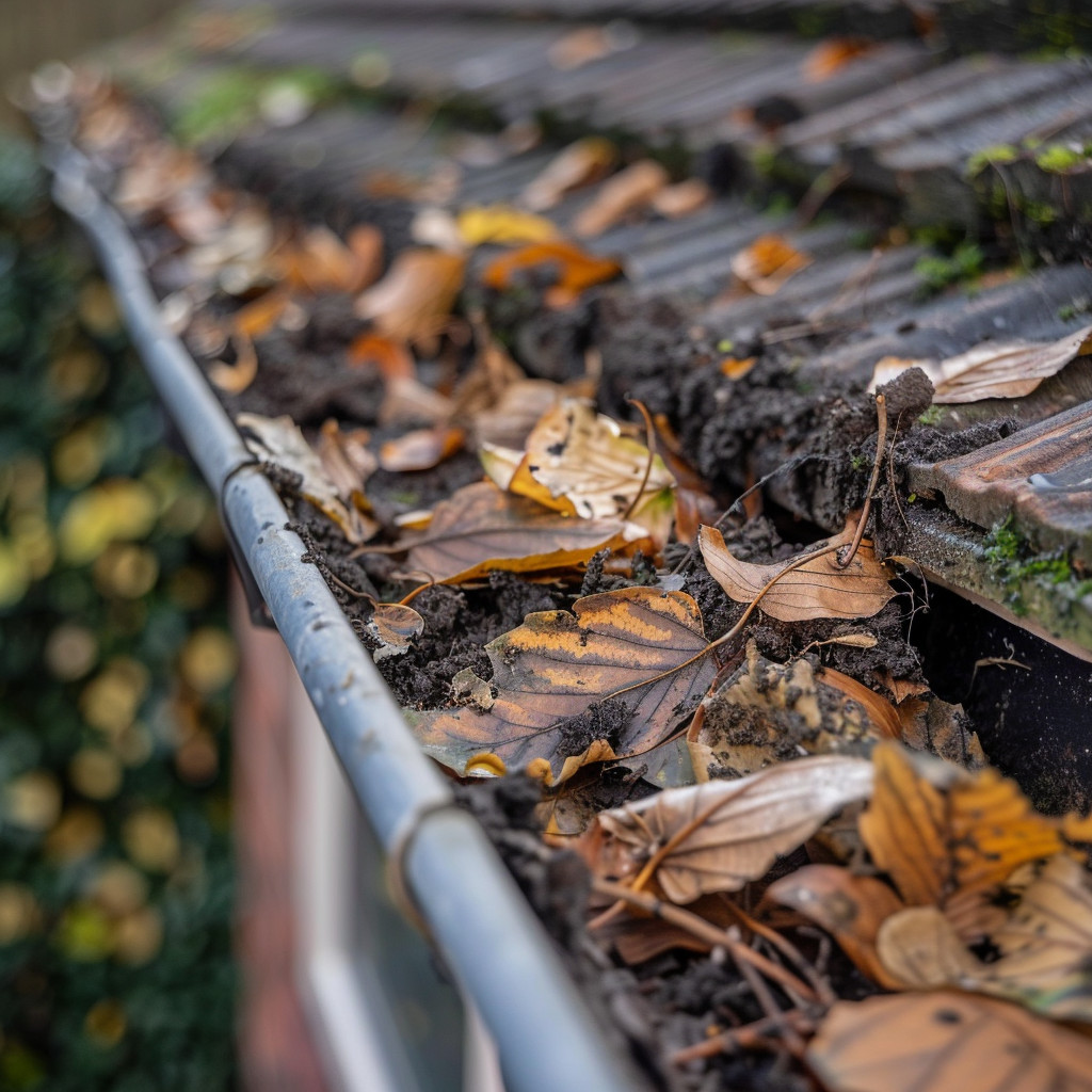 Roof gutters full of leaves and debris